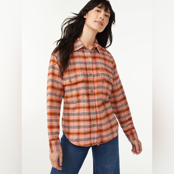Free Assembly | Orange Plaid Flannel Button-Up Shirt - Picture 1 of 9